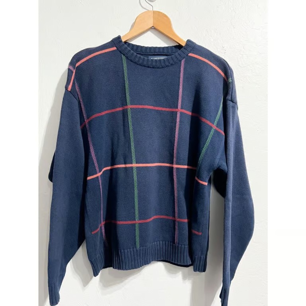 Men's Navy Crewneck Sweater with Pink & Green Windowpane